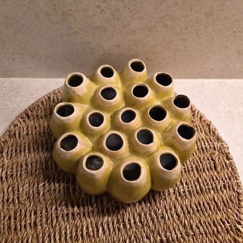 Ceramic flower holder with 18 openings, yellow-green