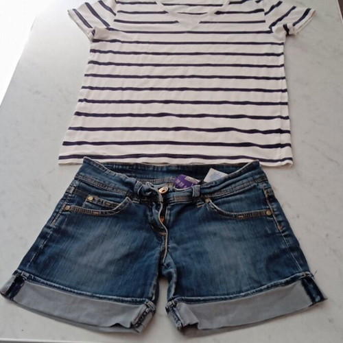 Bershka denim shorts and shirt used, white and blue