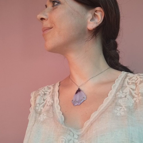 Necklace with floral talisman handmade with hibiscus petals, purple