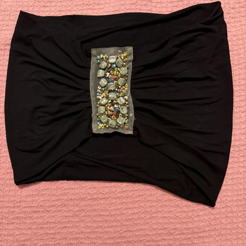Black mako dress with asymmetric ruffle and versatile accessory, like new