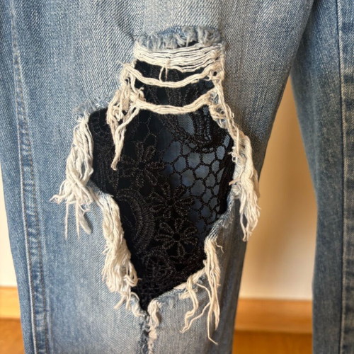 Zara denim jumpsuit M like new with embroidered lace on knee blue