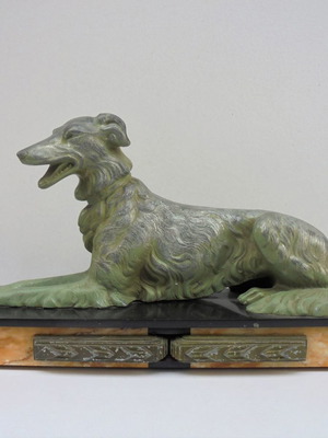 Art Deco dog statue with marble base, about 100 years old