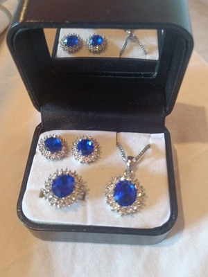 Jewelry set like new with blue stones, includes earrings, necklace, ring
