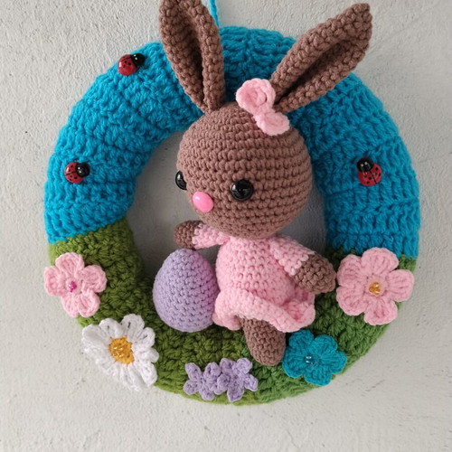 Handmade Easter wreath amigurumi brown bunny new