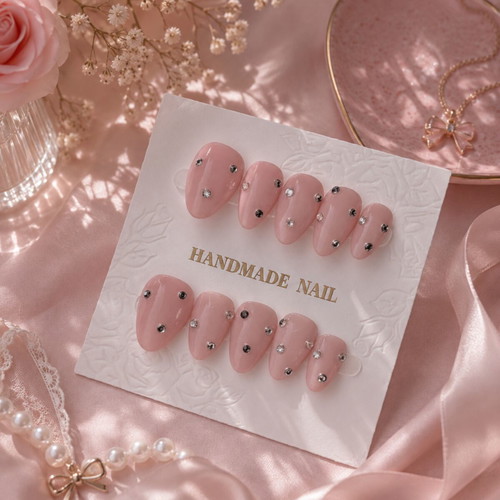 Press-On Nails Pink with Rhinestones Handmade Reusable Set of 10