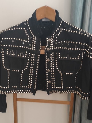 Cropped denim jacket black with metal studs used, one size
