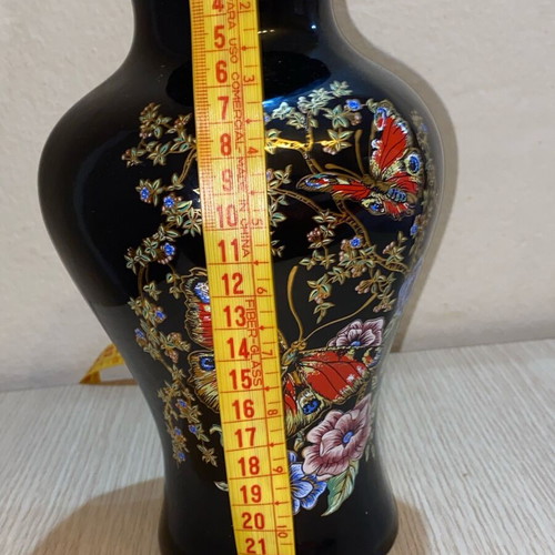 Vintage handmade black vase 24cm with 24K gold and butterflies