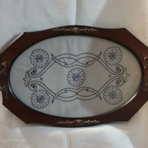 Vintage wooden serving tray with handmade embroidery and brass handles