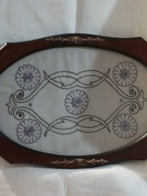 Vintage wooden serving tray with handmade embroidery and brass handles