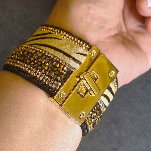 Statement bracelet with rhinestones and pony hair zebra pattern like new