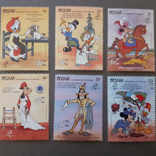 Bequia Grenadines of St. Vincent Walt Disney Philexfranc 1989 stamp set, 6 pieces