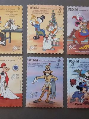 Bequia Grenadines of St. Vincent Walt Disney Philexfranc 1989 stamp set, 6 pieces