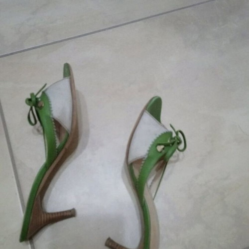 Tod's sandals used, beige and green with wooden heel, size 36.5