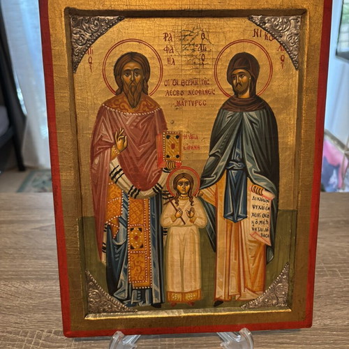Handmade icon of Raphael Nikolaou and Eirini with 925 silver decoration used