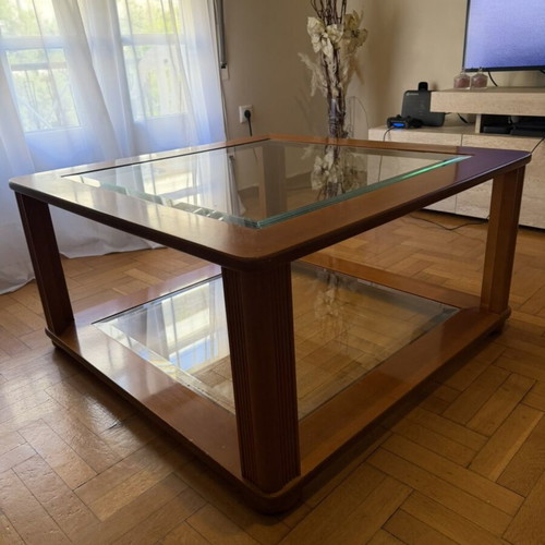 Coffee table set used, wooden with glass surfaces