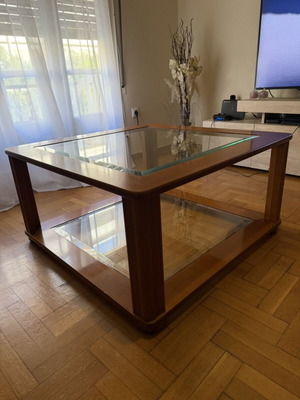 Coffee table set used, wooden with glass surfaces