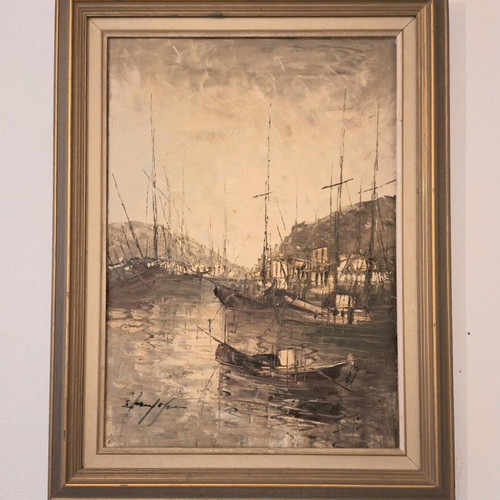 Oil painting used with embossed texture and harbor view