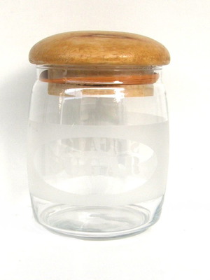 Decorative glass sugar container 1 lt with wooden safety lid new