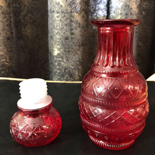 Ruby Red Cut Glass Decanter with Diamond Quilted Pattern and Airtight Stopper