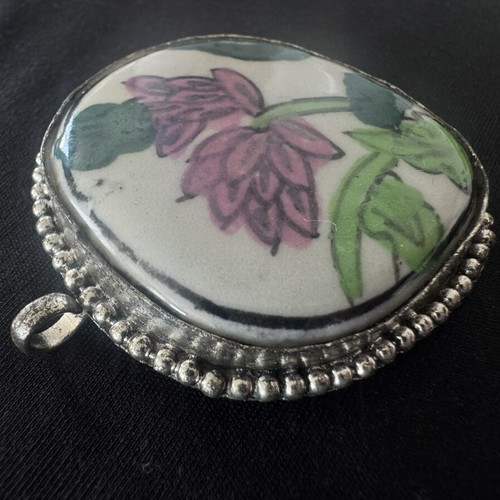 Vintage Chinese Porcelain Shard Pendant with Pink Lotus Motif used