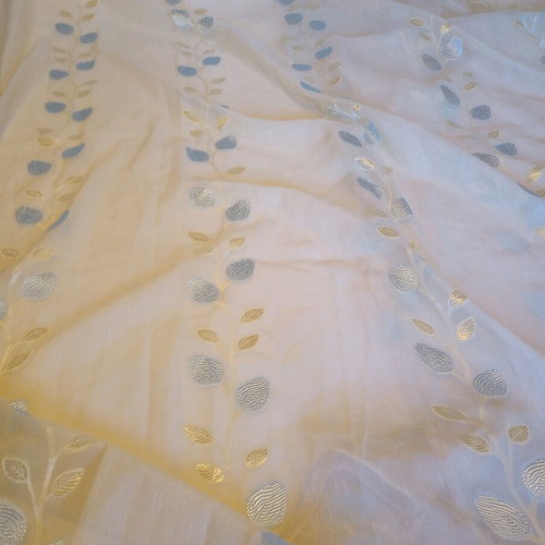 Vintage curtain used, ecru with blue and gold leaves