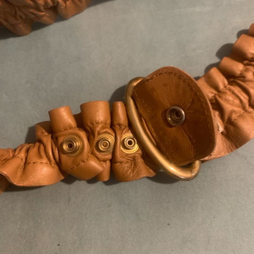 Zara belt used with ruching and gold clasp tan color