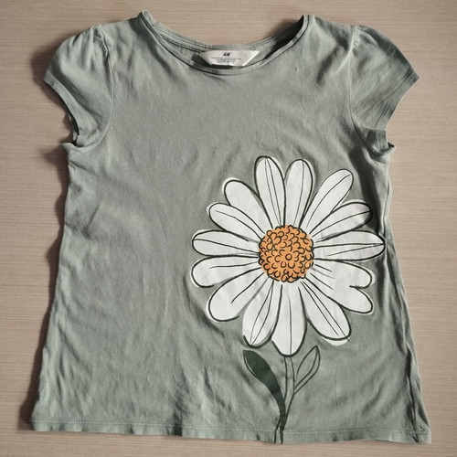 H&M Summer T-shirt for Girl 8-10 Years used, olive with daisy design