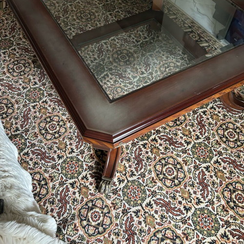 Coffee table like new walnut wood with brass lion legs and glass top