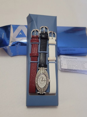 Avon women's watch with 3 interchangeable straps, black, white, burgundy