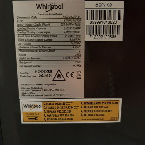 Whirlpool Portable Air Conditioner PACF212HP B like new, energy rating A/A+