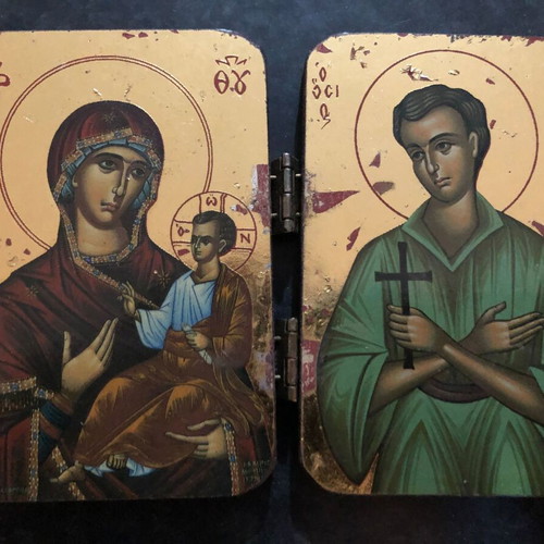 Christian Orthodox Icon Diptych used, wooden 12x8 cm