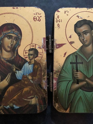 Christian Orthodox Icon Diptych used, wooden 12x8 cm