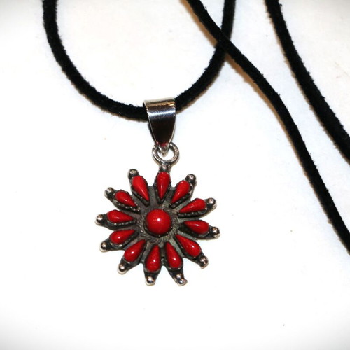 Pendant necklace with raw red coral and 925 sterling silver Navajo Indian