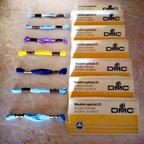 DMC embroidery threads used, assorted colors in original boxes
