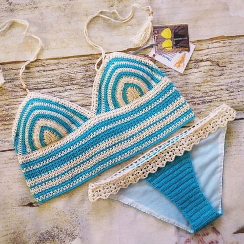 Handmade knitted swimsuit new, size M/L, beige and turquoise
