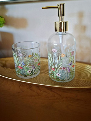 Dispenser for soap cream detergent and toothbrush glass new with tags