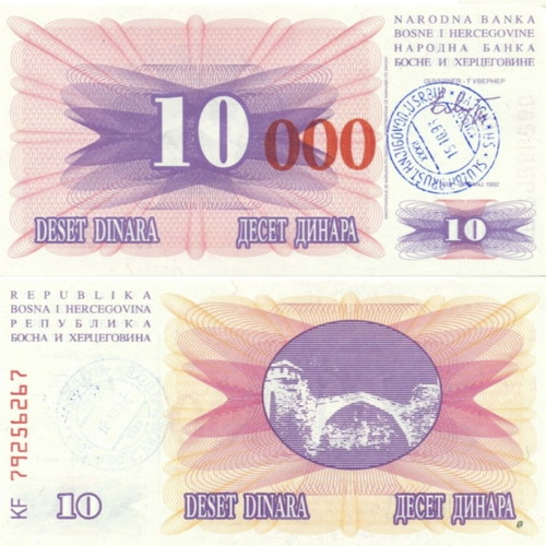 Bosnia Herzegovina 10,000 Dinara 1993 banknote red zeros new
