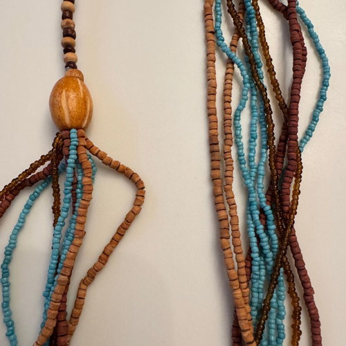 Women's long necklace from beads and wood like new, turquoise and brown