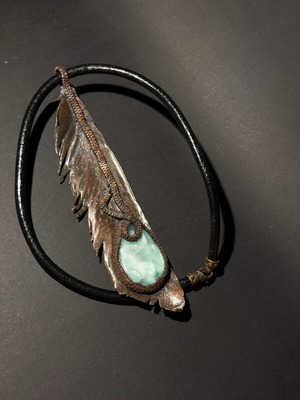 Amulet jewelry with copper feather and Hemimorphite stone new