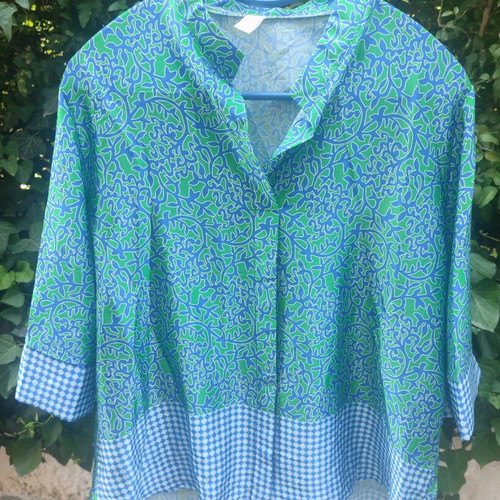 Shirt unused with mao collar and trois-quarts sleeves, one size, blue and green