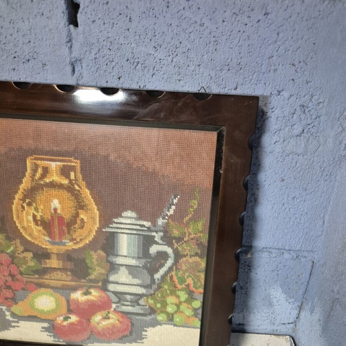 Textile embroidery artwork in frame like new with wooden mount