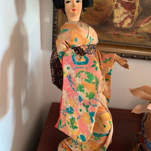 Japanese Geisha Doll used, 1960s with handmade clothes on wooden base