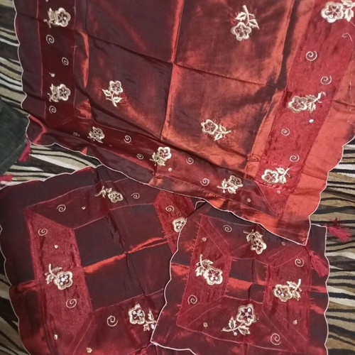 Tablecloth set like new burgundy with gold embroidery