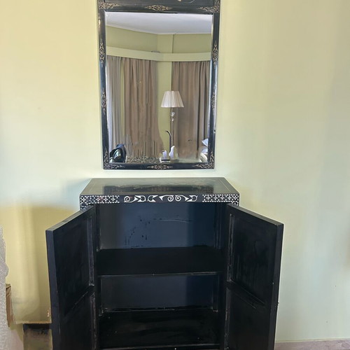 Chinese lacquer bar cabinet with mirror used, Anhui Arts & Crafts