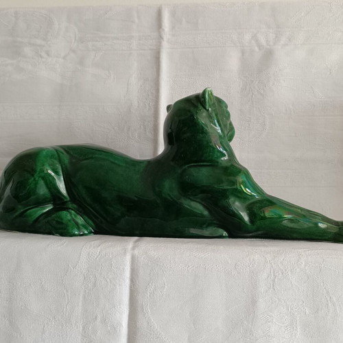 Vintage Art Déco ceramic panther figurine with green enamel, like new