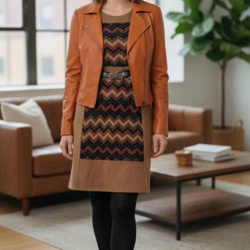 Dress and jacket set used, brown and orange