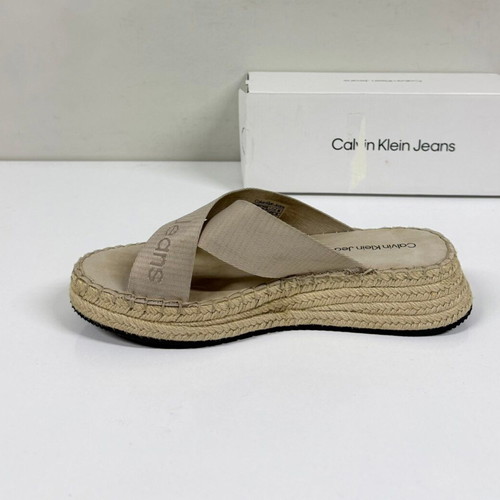 Calvin Klein Jeans Sporty Wedge Rope Sandal used, size 40, beige and gray