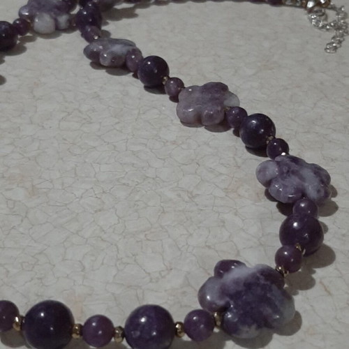 Necklace with rare lepidolite shaped as flowers and round stones, silver 925