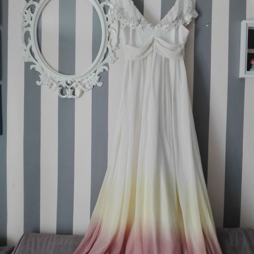 Wedding dress new, size XL, beige with lace and multicolor hem