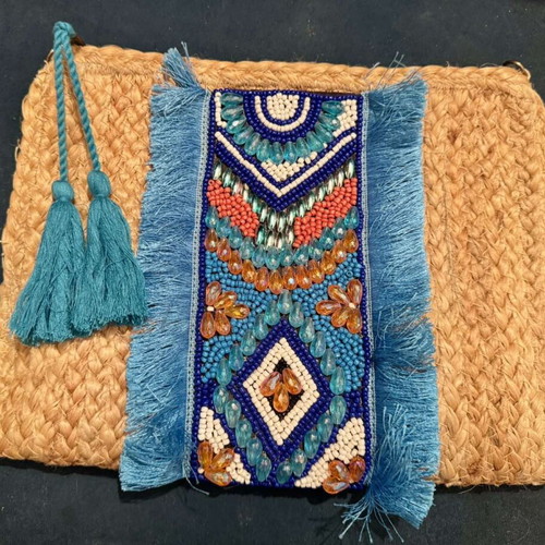 Fullah Sugah summer jute crossbody bag with embroidered beads and detachable chain